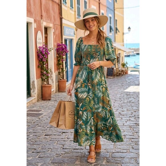 Green Floral Tropical Smocked Puff Sleeve Off On Shoulder Midi Floral Sundress M - Picture 3 of 6